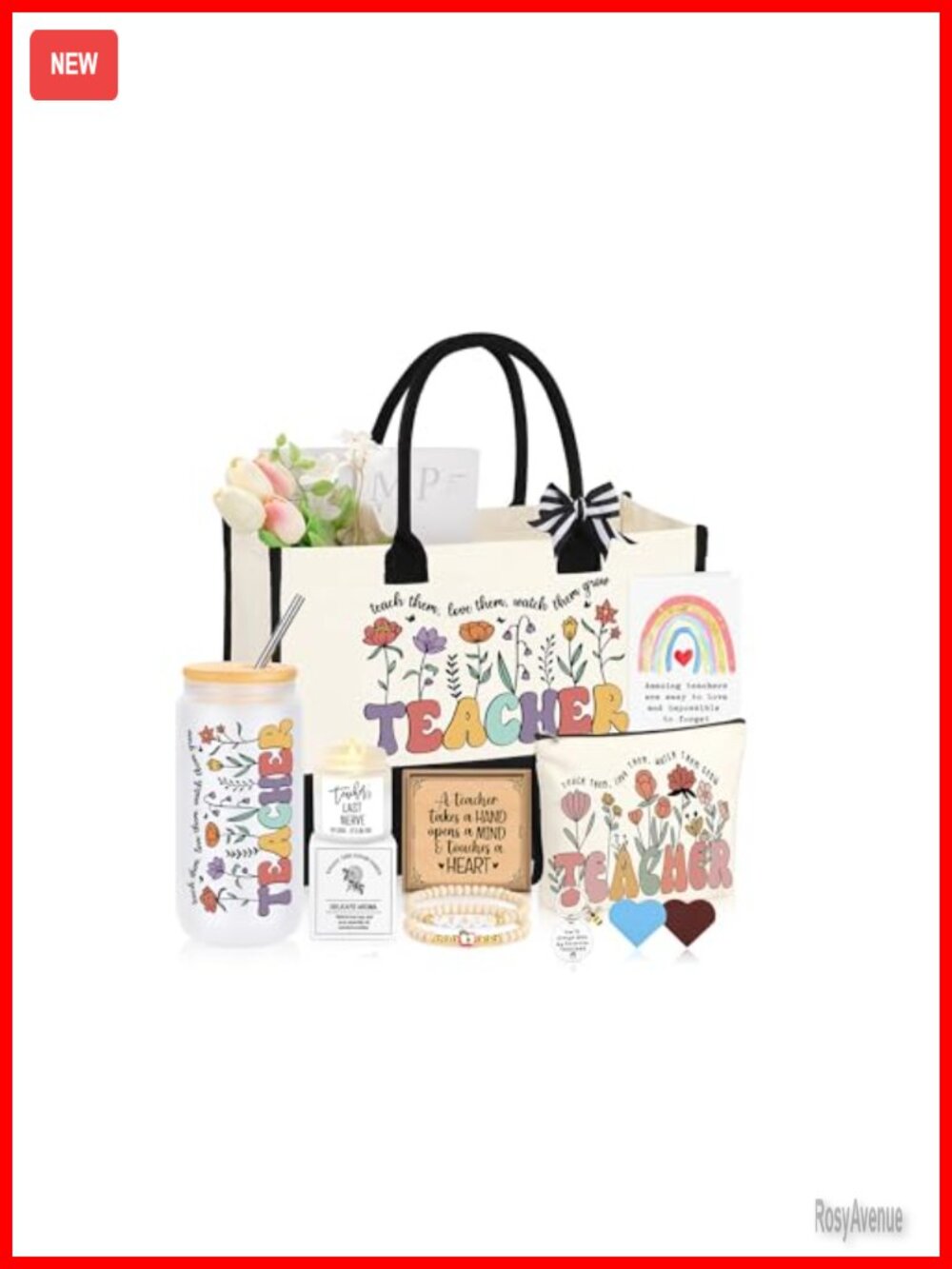 Teacher Appreciation Gift Set Canvas Tote Bag Makeup Bag Glass Cup Bracelets